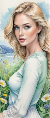 the blonde in the river,celtic woman,jessamine,girl in flowers,mayweed,girl in the garden,watercolor women accessory,lilly of the valley,eglantine,dahlia white-green,landscape background,flower painting,springtime background,cape marguerite,world digital painting,photo painting,portrait background,fairy tale character,virgo,children's fairy tale,Conceptual Art,Daily,Daily 17