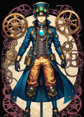 steampunk,clockmaker,watchmaker,steampunk gears,hatter,ringmaster,clockwork,pirate treasure,game illustration,cogs,gambler,key-hole captain,pirate,admiral von tromp,theoretician physician,magician,gear shaper,investigator,musketeer,grandfather clock,Illustration,Japanese style,Japanese Style 04