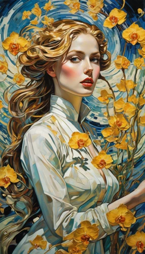 girl in flowers,girl in the garden,girl picking flowers,oil painting on canvas,yellow garden,yellow petals,golden flowers,yellow roses,the garden marigold,falling flowers,flower painting,yellow rose,yellow rose background,oil painting,art painting,splendor of flowers,flora,beautiful girl with flowers,helianthus,gold yellow rose,Illustration,Realistic Fantasy,Realistic Fantasy 39