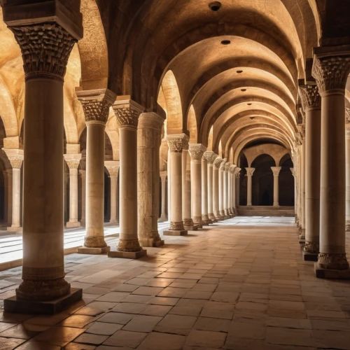 cloister,umayyad palace,abbaye de belloc,colonnade,caravansary,monastery israel,medieval architecture,vaulted ceiling,ibn tulun,alcazar of seville,ibn-tulun-mosque,arches,the hassan ii mosque,alhambra,pillars,arcades,seville,stanford university,columns,doge's palace,Photography,General,Realistic