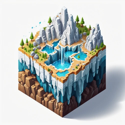 isometric,floating island,floating islands,ice castle,water cube,glacial melt,raft guide,artificial islands,mountain world,icebergs,diamond lagoon,mountain spring,3d mockup,water glace,water castle,map icon,mountain settlement,wasserfall,a small waterfall,waterfall,Unique,3D,Isometric