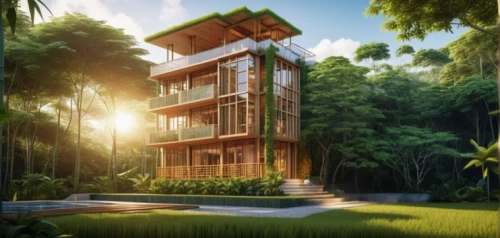 tropical house,eco-construction,cube stilt houses,house in the forest,stilt house,eco hotel,timber house,tree house,cubic house,wooden house,tree house hotel,modern house,holiday villa,frame house,stilt houses,residential tower,luxury property,modern architecture,3d rendering,green living