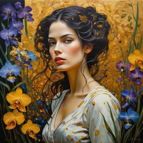 girl in flowers,romantic portrait,mystical portrait of a girl,oil painting on canvas,beautiful girl with flowers,splendor of flowers,oil painting,girl in the garden,golden flowers,fantasy portrait,young woman,portrait of a girl,italian painter,persian poet,jasmine crape,exotic flower,art painting,fineart,vanessa (butterfly),kahila garland-lily,Illustration,Realistic Fantasy,Realistic Fantasy 06