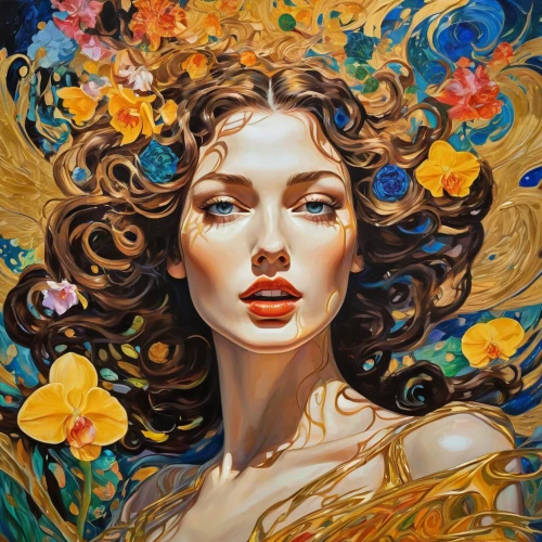 girl in flowers,flora,golden flowers,girl in a wreath,golden wreath,boho art,magnolia,mary-gold,flower gold,jasmine blossom,gold flower,falling flowers,fantasy portrait,amano,magnolias,art nouveau,medusa,beautiful girl with flowers,wreath of flowers,potpourri,Illustration,Realistic Fantasy,Realistic Fantasy 39