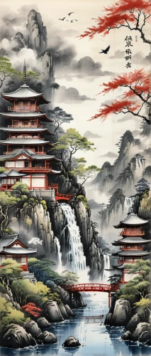 oriental painting,cool woodblock images,chinese art,japanese art,japan landscape,chinese architecture,forbidden palace,chinese clouds,yi sun sin,temples,japanese background,asian architecture,oriental,woodblock prints,japanese architecture,honzen-ryōri,luo han guo,yangqin,japanese waves,futuristic landscape,Illustration,Paper based,Paper Based 30