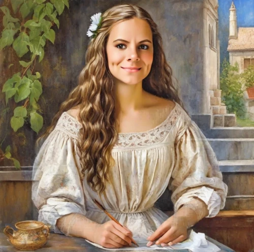 portrait of a girl,romantic portrait,girl in a historic way,girl with bread-and-butter,young woman,girl portrait,italian painter,portrait of christi,artist portrait,jessamine,girl with cloth,fantasy portrait,church painting,girl in cloth,girl studying,mystical portrait of a girl,girl with cereal bowl,oil painting,a girl's smile,girl in the kitchen