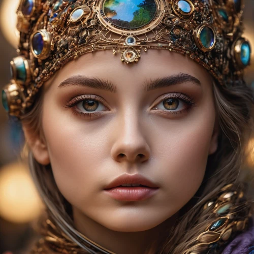 mystical portrait of a girl,steampunk,headdress,fantasy portrait,cleopatra,headpiece,miss circassian,faery,ukrainian,beauty face skin,eurasian,beautiful bonnet,jeweled,thracian,indian headdress,young model istanbul,the enchantress,russian folk style,elven,young woman,Photography,General,Natural