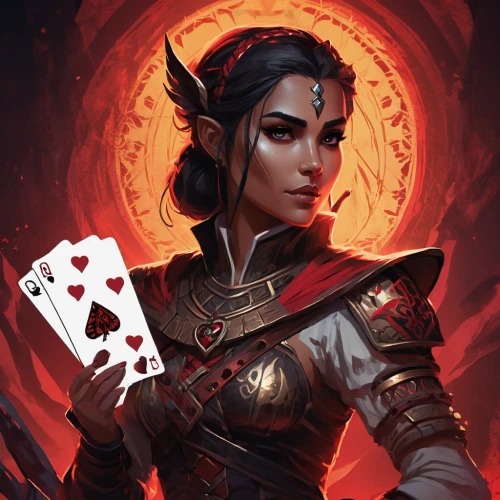 queen of hearts,collectible card game,jaya,card deck,card game,sorceress,rotglühender poker,playing card,game illustration,mara,massively multiplayer online role-playing game,dark elf,fantasy portrait,dodge warlock,card games,sterntaler,poker primrose,rosa ' amber cover,playing cards,female warrior,Conceptual Art,Fantasy,Fantasy 02