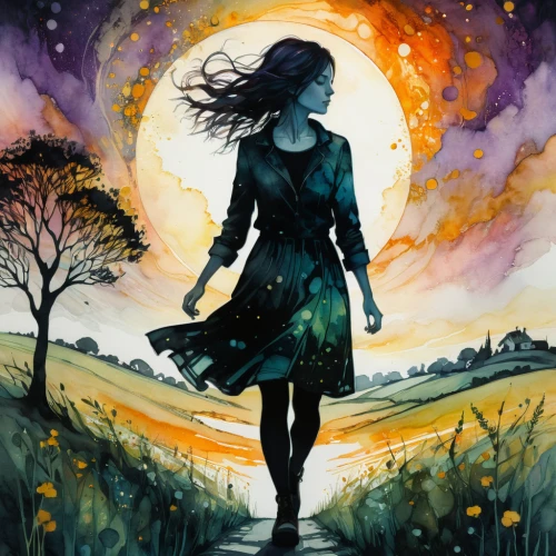 rosa ' amber cover,spring equinox,little girl in wind,summer solstice,falling star,mystical portrait of a girl,solstice,watercolor background,faerie,the girl in nightie,girl with tree,horoscope libra,watercolor painting,falling stars,the enchantress,runaway star,cosmos field,girl in a long,cosmos wind,girl walking away,Illustration,Paper based,Paper Based 20