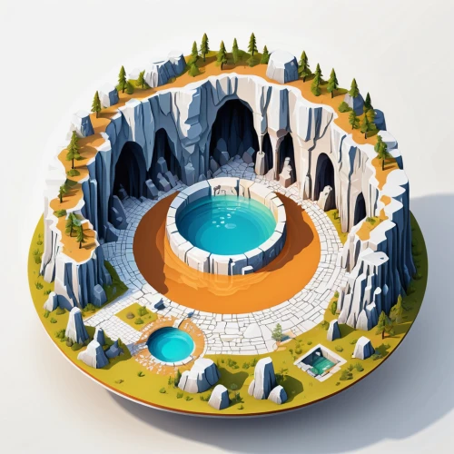 floating island,swim ring,artificial islands,artificial island,floating islands,circular puzzle,panoramical,cake stand,3d fantasy,futuristic landscape,city fountain,wishing well,cheese wheel,bowl cake,thermae,little planet,dug-out pool,terraforming,tiny world,round house,Unique,3D,Isometric
