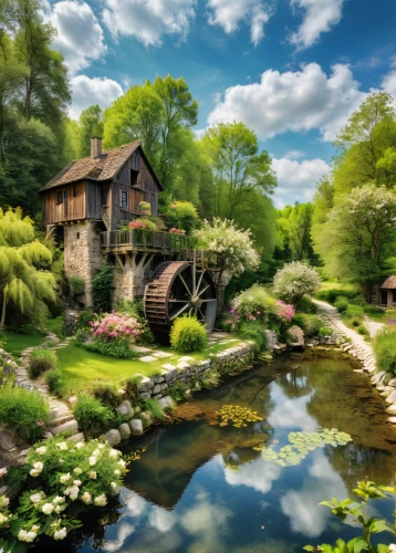 water mill,home landscape,summer cottage,country cottage,garden pond,beautiful home,giverny,cottage garden,beautiful landscape,idyllic,green landscape,house with lake,nature landscape,country house,spring nature,gristmill,house by the water,japan garden,idyll,pond flower,Photography,General,Natural