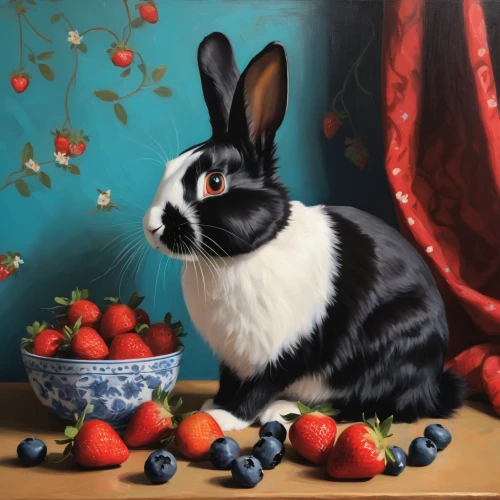 virginia strawberry,european rabbit,domestic rabbit,pet portrait,leveret,strawberry,watermelon painting,fresh berries,wild rabbit,cottontail,strawberries,berries,oil painting on canvas,oil painting,many berries,red strawberry,rabbit,audubon's cottontail,rabbits and hares,peter rabbit,Conceptual Art,Oil color,Oil Color 12