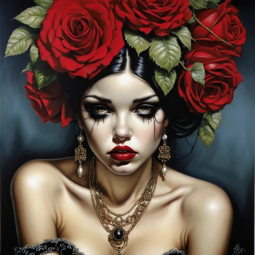 red roses,red rose,queen of hearts,wild roses,black rose hip,black rose,rosebushes,valentine pin up,with roses,valentine day's pin up,red petals,fantasy art,scent of roses,geisha girl,roses,rose flower illustration,wild rose,prickly rose,red-yellow rose,porcelain rose,Illustration,Realistic Fantasy,Realistic Fantasy 10