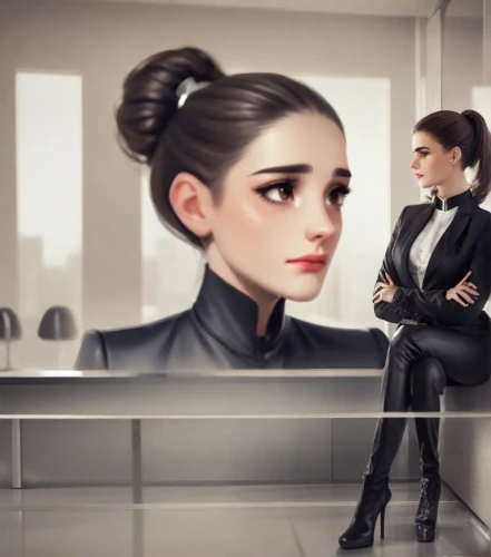 business woman,businesswoman,business girl,business women,receptionist,woman thinking,the long-hair cutter,businesswomen,sci fiction illustration,cg artwork,woman sitting,bussiness woman,doll looking in mirror,blur office background,princess leia,office worker,fashion illustration,digital compositing,chignon,woman in menswear