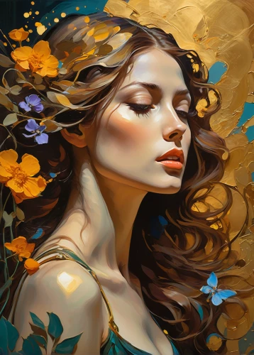 golden flowers,gold leaf,golden lilac,yellow petals,gold filigree,fantasy portrait,yellow petal,gold foil art,flower gold,gold yellow rose,golden wreath,gold foil mermaid,faery,gold flower,girl in flowers,falling flowers,blossom gold foil,fallen petals,rosa ' amber cover,flower nectar,Conceptual Art,Oil color,Oil Color 04