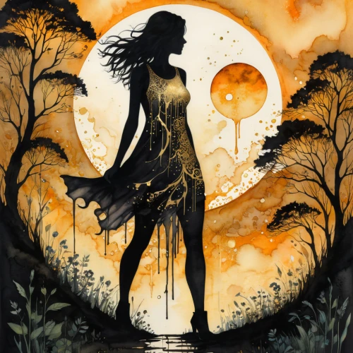 dryad,faerie,sorceress,the enchantress,faery,sun moon,rosa ' amber cover,the night of kupala,moonrise,gold foil mermaid,full moon day,queen of the night,woman silhouette,fae,spring equinox,moon phase,full moon,rusalka,sleepwalker,moonlit,Illustration,Black and White,Black and White 34