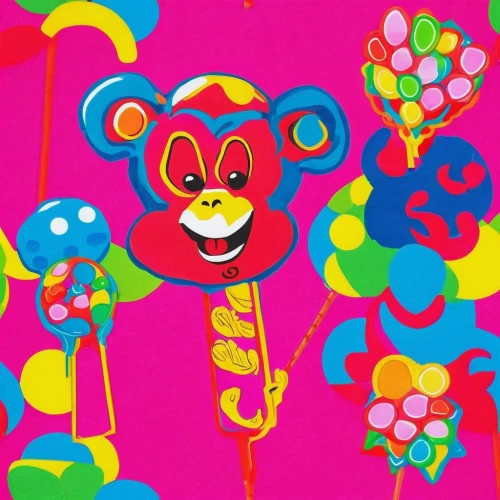 circus animal,circus,lollypop,rodeo clown,lollipop,minnie mouse,pandabear,clown,lollipops,little girl with balloons,creepy clown,monkeys band,scary clown,candy boy,garish,neon candies,candy,jester,balloons mylar,cmyk,Illustration,Japanese style,Japanese Style 04