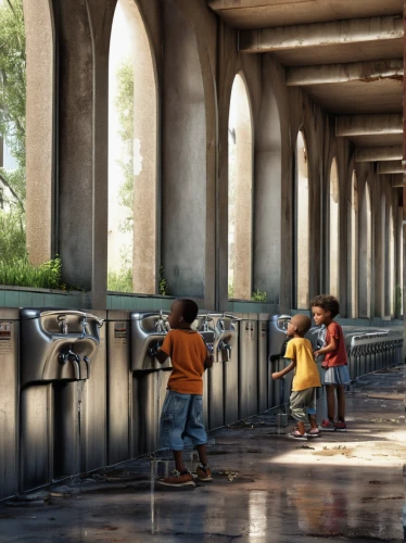 concrete bridge,urban design,underpass,child feeding pigeons,hollywood metro station,moveable bridge,overpass,street furniture,concrete pipe,river of life project,drainage pipes,bus shelters,elevated railway,wastewater treatment,3d rendering,concrete slabs,under the bridge,public art,prayer wheels,concrete construction