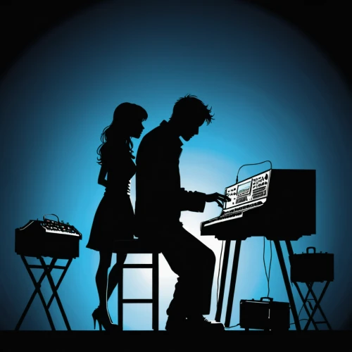 keyboard player,electronic music,electronic keyboard,couple silhouette,musicians,vintage couple silhouette,disk jockey,life stage icon,music producer,dj equipament,musical ensemble,audio engineer,disc jockey,musical keyboard,dj,play piano,music service,synclavier,electronic drum,silhouette art,Illustration,Vector,Vector 11