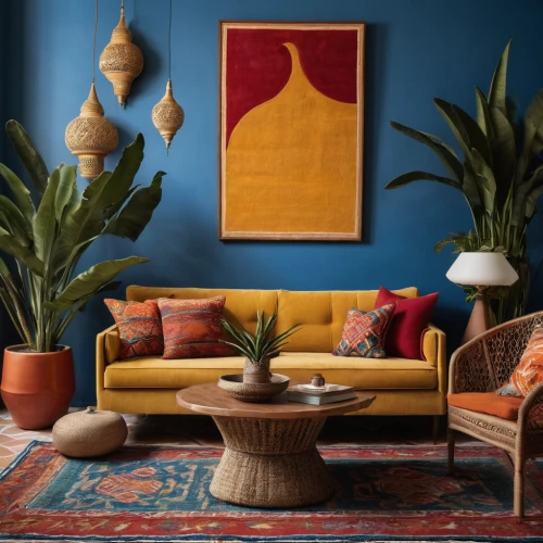 mid century modern,moroccan pattern,interior decor,boho art,mid century,modern decor,contemporary decor,sitting room,house plants,majorelle blue,decor,living room,mid century sofa,interior decoration,interior design,autumn decor,mid century house,the living room of a photographer,persian norooz,potted palm,Photography,General,Natural