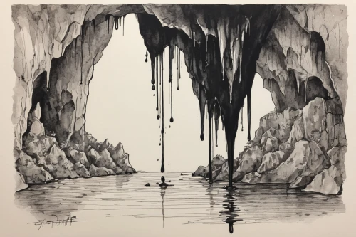 cave on the water,sea caves,stalagmite,cave,chasm,cave tour,stalactite,ice cave,underground lake,sea cave,pit cave,the blue caves,glacier cave,narrows,caving,crevasse,blue caves,ink painting,karst landscape,karst,Illustration,Black and White,Black and White 34