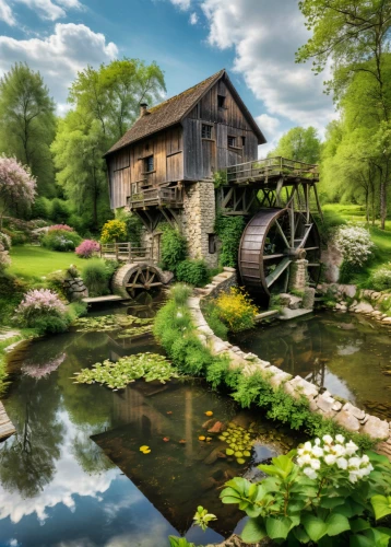 water mill,water wheel,home landscape,country cottage,old mill,fantasy picture,hobbiton,farm landscape,gristmill,summer cottage,fantasy landscape,country house,dutch mill,farm house,rural landscape,world digital painting,beautiful home,green landscape,house with lake,ancient house,Photography,General,Natural