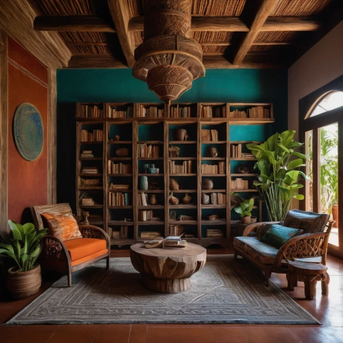 bookshelves,mid century modern,loft,contemporary decor,turquoise leather,interior design,living room,bookcase,sitting room,modern decor,book wall,mid century house,livingroom,bookshelf,interior decor,cabana,turquoise wool,chaise lounge,moroccan pattern,spanish tile,Photography,Documentary Photography,Documentary Photography 29