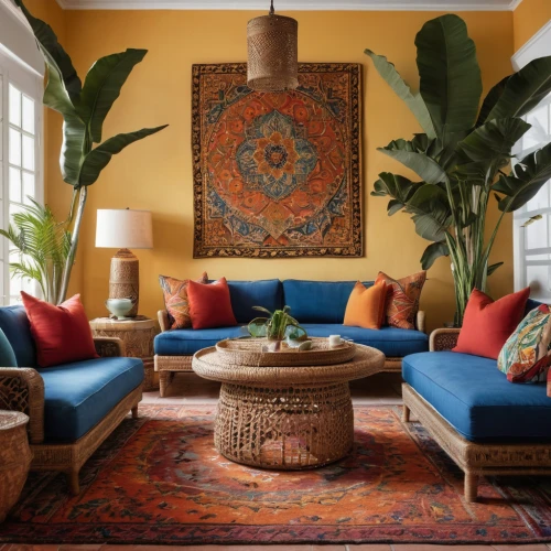 moroccan pattern,the living room of a photographer,sitting room,living room,interior decor,mid century modern,boho art,decor,modern decor,contemporary decor,chaise lounge,apartment lounge,house plants,boho,livingroom,interior design,ottoman,tropical house,majorelle blue,family room,Photography,General,Natural