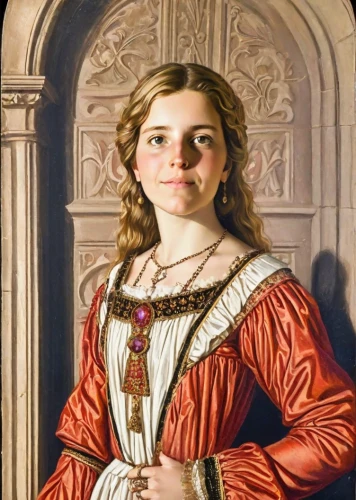 portrait of a girl,portrait of christi,girl in a historic way,cepora judith,girl with bread-and-butter,joan of arc,angel moroni,girl with cloth,tudor,young woman,portrait of a woman,gothic portrait,woman holding pie,church painting,the magdalene,isabella grapes,girl at the computer,child portrait,young lady,girl portrait