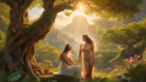 adam and eve,garden of eden,idyll,fairy forest,fantasy picture,fairies,elven forest,the annunciation,world digital painting,romantic scene,fairies aloft,secret garden of venus,holy forest,fairy world,celtic woman,landscape background,faery,baptism of christ,druids,jessamine,Photography,General,Cinematic