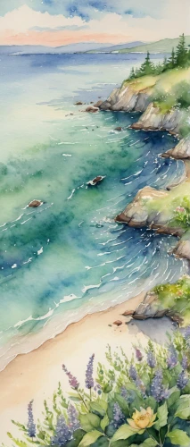 beach landscape,coastal landscape,watercolor background,sea landscape,beach scenery,sea-shore,seascape,landscape with sea,seashore,cliffs ocean,seaside view,watercolor,sea-lavender,watercolor blue,coastline,seascapes,cliff beach,mountain beach,pacific coastline,seaside,Illustration,Paper based,Paper Based 15