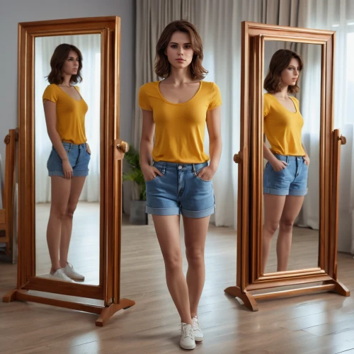 mirroring,mirror reflection,mirrors,mirror,mirror image,magic mirror,outside mirror,mirror frame,mirrored,the mirror,self-reflection,in the mirror,doll looking in mirror,makeup mirror,plus-size model,women clothes,women's clothing,kajal,yellow background,female model,Photography,General,Realistic