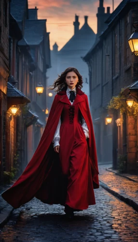 red coat,red riding hood,red cape,little red riding hood,girl in a historic way,man in red dress,lady in red,scarlet witch,vampire woman,town crier,red gown,transylvania,red tunic,queen of hearts,photoshop manipulation,overcoat,caped,frock coat,christmas carol,digital compositing,Photography,General,Fantasy
