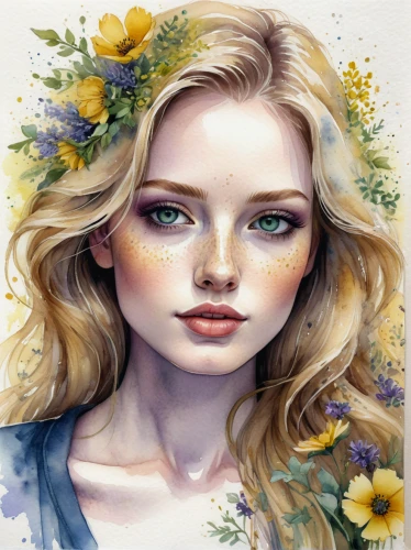 girl in flowers,flower painting,watercolor floral background,beautiful girl with flowers,watercolor women accessory,marguerite,jessamine,fantasy portrait,sunflower lace background,sunflower coloring,flora,floral background,flower illustrative,illustrator,daisies,watercolor flowers,flower fairy,natural cosmetic,watercolor background,girl portrait,Illustration,Abstract Fantasy,Abstract Fantasy 02