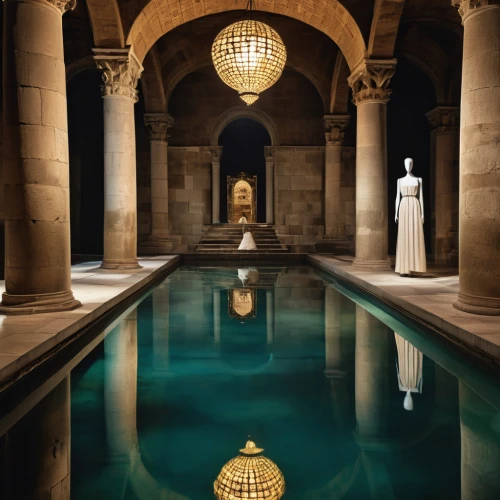 reflecting pool,floor fountain,marble palace,cistern,spa water fountain,thermal bath,roman bath,decorative fountains,thermae,water palace,egyptian temple,infinity swimming pool,three pillars,pillars,stone fountain,alhambra,louvre,persian architecture,swimming pool,baths,Photography,General,Realistic