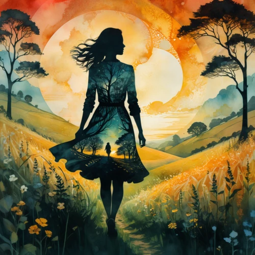 faerie,girl with tree,girl in the garden,world digital painting,fae,mystical portrait of a girl,little girl in wind,ballerina in the woods,faery,dandelion field,woman silhouette,watercolor background,wanderer,girl walking away,rosa ' amber cover,girl in flowers,transistor,mother earth,springtime background,fantasy picture,Photography,Artistic Photography,Artistic Photography 07