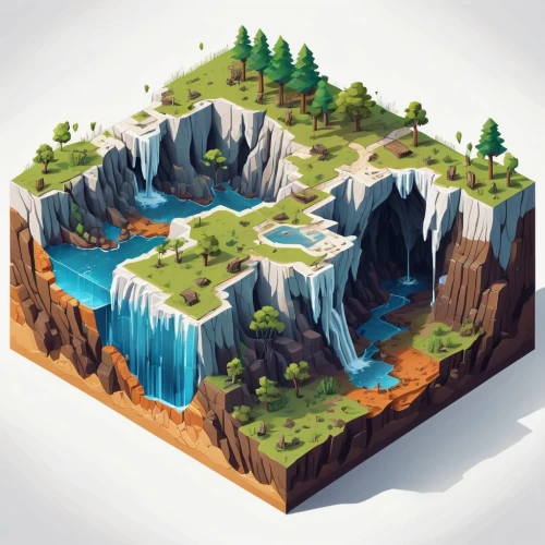 isometric,floating islands,floating island,water cube,artificial islands,glacial landform,mountainous landforms,3d fantasy,landform,mountain spring,glacial melt,mountain world,water resources,3d mockup,aeolian landform,a small waterfall,virtual landscape,chasm,geological phenomenon,terrain,Unique,3D,Isometric