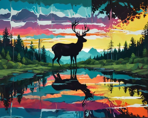 deer illustration,elk,deer,caribou,glowing antlers,buffalo plaid deer,pere davids deer,deer silhouette,deers,glass painting,moose,stag,deer drawing,young-deer,mule deer,fawns,forest animals,deer in tears,antlers,bull moose,Conceptual Art,Oil color,Oil Color 02