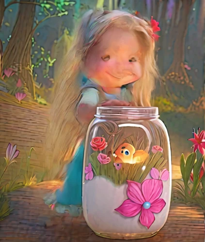 little girl fairy,cute cartoon character,jar,honey jar,girl picking flowers,cinderella,rapunzel,rosa ' the fairy,fireflies,fairy tale character,agnes,magical pot,girl in flowers,glass jar,flower fairy,child fairy,flower painting,beautiful girl with flowers,tea jar,picking flowers,Illustration,Realistic Fantasy,Realistic Fantasy 02