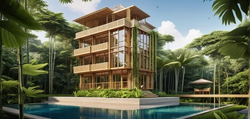 tropical house,holiday villa,stilt house,timber house,seminyak,eco hotel,wooden house,luxury property,eco-construction,modern house,house in the forest,residential house,ubud,bali,cube stilt houses,kohphangan,3d rendering,cambodia,tree house hotel,cubic house,Photography,General,Realistic