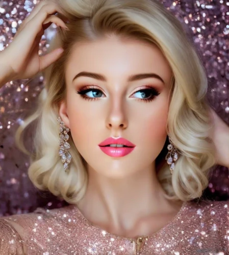 barbie doll,barbie,pink beauty,realdoll,doll's facial features,vintage makeup,pink glitter,jeweled,eyes makeup,romantic look,glitter eyes,glitter powder,dazzling,pink background,glamor,glittering,magnolieacease,porcelain doll,edit icon,sparkling