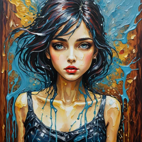 oil painting on canvas,mystical portrait of a girl,girl portrait,portrait of a girl,oil painting,art painting,young woman,boho art,water nymph,blue rain,blue painting,tears bronze,oil on canvas,fantasy art,fantasy portrait,girl with tree,girl in a long,girl with bread-and-butter,wet girl,splintered,Illustration,Abstract Fantasy,Abstract Fantasy 14