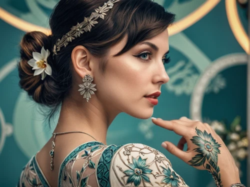 art deco woman,vintage woman,tattoo girl,victorian lady,oriental princess,vintage makeup,vintage floral,flapper,vintage girl,cleopatra,vintage women,jasmine blue,oriental girl,art deco,roaring twenties,art nouveau,bridal accessory,bridal jewelry,roaring 20's,twenties women,Photography,General,Realistic