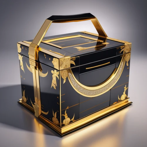 treasure chest,lyre box,attache case,ballot box,musical box,savings box,music box,leather suitcase,card box,briefcase,crown render,courier box,music chest,computer case,luxury accessories,constellation lyre,gold lacquer,tea box,shopping box,suitcase,Photography,General,Realistic