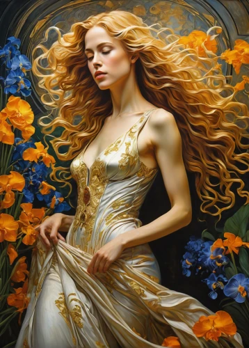 golden flowers,golden haired,gold yellow rose,fantasy art,golden wreath,yellow rose,mystical portrait of a girl,girl in flowers,celtic woman,yellow orange rose,yellow roses,fantasy portrait,gold filigree,splendor of flowers,mary-gold,jessamine,golden lilac,flower gold,golden crown,oil painting on canvas,Illustration,Realistic Fantasy,Realistic Fantasy 03