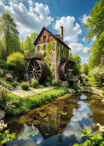 water mill,gristmill,old mill,dutch mill,water wheel,home landscape,country cottage,country house,summer cottage,mill,idyllic,beautiful home,rural landscape,house in the forest,fantasy picture,green landscape,idyll,ancient house,fisherman's house,springtime background,Photography,General,Natural