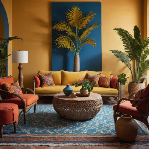moroccan pattern,chaise lounge,majorelle blue,sitting room,the living room of a photographer,royal palms,interior decor,mid century modern,fan palm,cycad,apartment lounge,date palms,living room,tropical house,wine palm,palm fronds,palm branches,cabana,contemporary decor,marrakesh,Photography,General,Natural