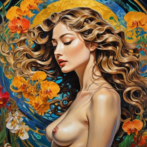 secret garden of venus,fantasy art,aphrodite,golden wreath,girl in a wreath,golden flowers,art painting,oil painting on canvas,mystical portrait of a girl,boho art,flower of passion,golden apple,golden haired,blonde woman,girl in flowers,wreath of flowers,fantasy woman,decorative figure,moonflower,oil painting,Illustration,Realistic Fantasy,Realistic Fantasy 39