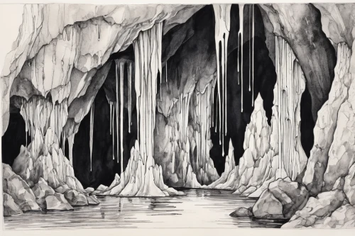 glacier cave,ice cave,cave,stalactite,stalagmite,crevasse,sea caves,pit cave,cave tour,sea cave,cave on the water,narrows,caving,speleothem,karst landscape,fissure vent,the blue caves,blue caves,karst,glacial melt,Illustration,Black and White,Black and White 34