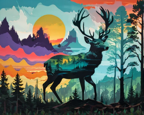 deer illustration,elk,caribou,buffalo plaid deer,glowing antlers,deer silhouette,buffalo plaid antlers,bull moose,deer,forest animals,red deer,stag,deer drawing,deers,young-deer,moose,boreal,travel poster,fawns,mule deer,Conceptual Art,Oil color,Oil Color 02